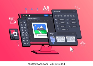 Desktop Publishing and Page Layout Design Software Application. The display shows Program for creating Printed products. 3D Isometric Vector illustration. Software for typography