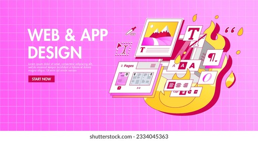 Desktop Publishing and Page Layout Design Software Application. Computer Burned down on Fire. Retro style vector illustration. Program for creating printed products