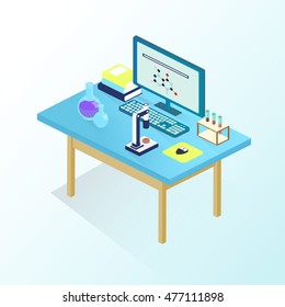 Desktop researcher. Equipped with a microscope, test tubes, computer. Isometric vector illustration