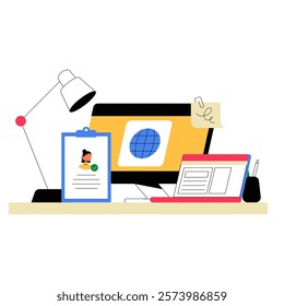 Desktop With Resume And Job Search Tools In Flat Vector Illustration Symbolizing Employment Process, Recruitment, And Career Development, Isolated On White Background