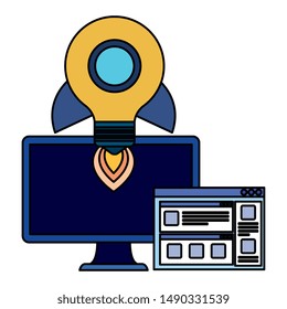 desktop with rocket bulb and webpage template