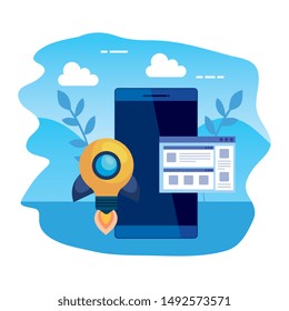 desktop with rocket bulb and webpage template