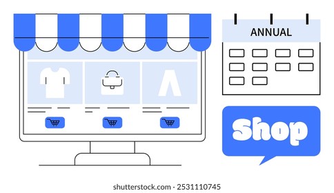 Desktop screen displaying an online store with apparel and accessories, a calendar marked as annual, and a Shop button. Ideal for e-commerce, digital marketing, sales events, retail promotions