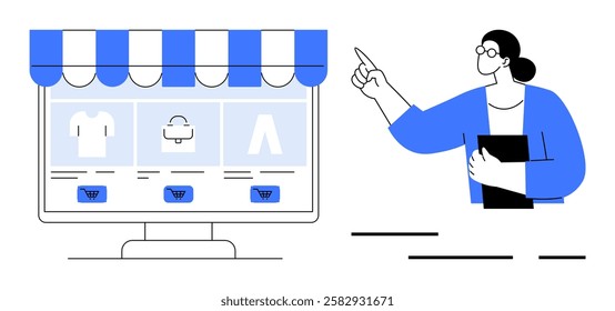 Desktop screen displaying online store with clothing items woman pointing and holding a folder. Ideal for e-commerce, online shopping, digital marketing, retail, website design, user navigation