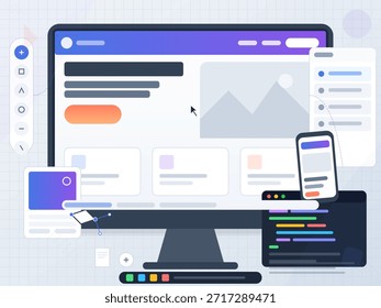 Una pantalla de escritorio muestra una maqueta de diseño de Sitio web con varios Elementos de interfaz de usuario. Un dispositivo móvil muestra código, lo que indica un enfoque en el desarrollo de Web y procesos de diseño.