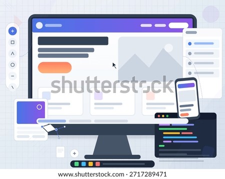 A desktop screen displays a website design mockup with various user interface elements. A mobile device shows code, indicating a focus on web development and design processes.