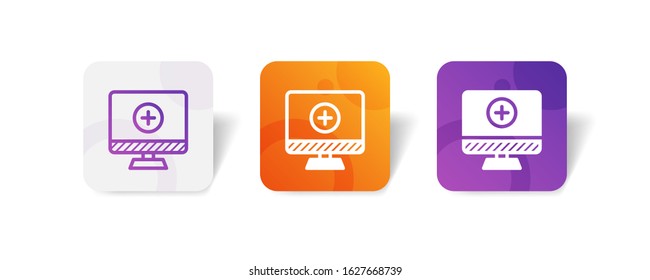 Desktop screen monitor icon with add sign in outline and solid style -colorful smooth gradient background, suitable for mobile and web UI, app button, infographic, etc