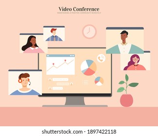 Desktop screen showing chart and messages. Online meeting with team members or clients. Flat illustration, concept of home office, virtual workplace and work from home.