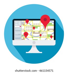 Desktop screen showing GPS city map with location pointers icon flat design vector illustration