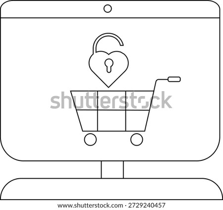 A desktop screen shows an open heartshaped lock above a shopping cart