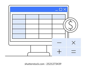 Tela da área de trabalho com uma planilha, uma calculadora e um símbolo de moeda. Ideal para tarefas de finanças, orçamento, contabilidade, análise de dados e gerenciamento de negócios. Estilo de vetor limpo e minimalista.