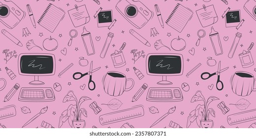 Desktop seamless doodle pattern. Back to school. Minimalistic repeating printable image on a pink background. Camera, photography, marker, pencils, pastel scissors, indoor flower, mug of tea, computer