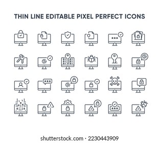 Iconos de línea vectorial de seguridad de escritorio. Colección de iconos de privacidad y protección de equipos. Símbolos de seguridad de la red informática. píxel editable perfecto
