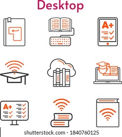 desktop set. included cloud, ereader, audiobook, cap, test, homework, book, training, enter icons. bicolor styles.