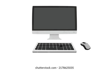 Desktop Set Monitor, Keyboard And Computer Mouse Clipart. Modern Desktop Computer With Keyboard And Wireless Mouse Watercolor Style Vector Illustration Isolated On White Background. Office Supplies