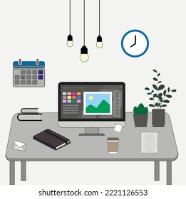 Desktop. Set of work supplies. Set of vector images for your desktop. Computer with icons, wall calendar, wall clock, hanging lamps, notebook, house plants, letter, books, glass of coffee.
