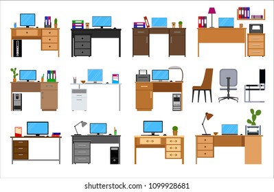 Desktop set. Workplace. Tables, chairs, printers, computers, office supplies. Isolated on white background. Vector illustration.