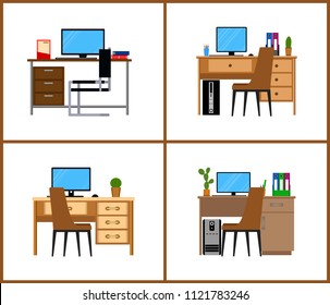 Desktop set. Workplace. Tables, chairs,  computers, office supplies. Isolated on white background. Vector illustration.