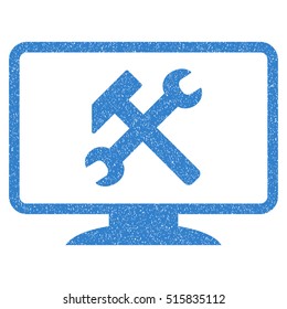 Desktop Settings grainy textured icon for overlay watermark stamps. Flat symbol with dirty texture. Dotted vector cobalt ink rubber seal stamp with grunge design on a white background.