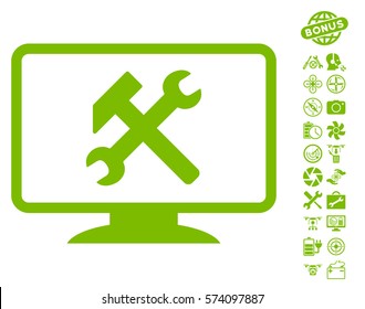 Desktop Settings icon with bonus flying drone tools clip art. Vector illustration style is flat iconic symbols on white background.