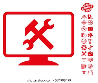Desktop Settings icon with bonus quad copter tools graphic icons. Vector illustration style is flat iconic symbols on white background.