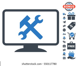 Desktop Settings icon with free bonus icon set. Vector illustration style is flat iconic symbols, smooth blue colors, white background.