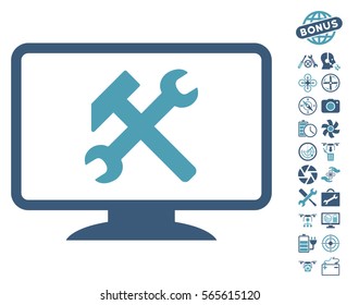 Desktop Settings pictograph with bonus quadrocopter service icon set. Vector illustration style is flat iconic cyan and blue symbols on white background.