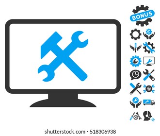 Desktop Settings pictograph with bonus service pictograms. Vector illustration style is flat iconic blue and gray symbols on white background.
