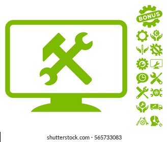 Desktop Settings pictograph with bonus setup tools design elements. Vector illustration style is flat iconic eco green symbols on white background.