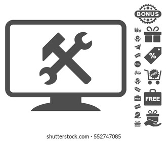 Desktop Settings pictograph with free bonus design elements. Vector illustration style is flat iconic symbols, gray color, white background.
