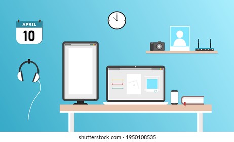 Desktop setup for designer or content creator with multiscreen on workplace table. Flat laptop and monitor screen with design or image editing software or program. Camera, Headphone, Router and Phone.