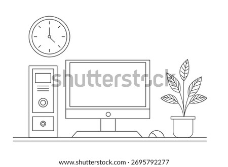 Desktop setup workplace indoor thin line art moder interior concept. 