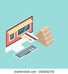 Desktop with shopping box vector illustration concept for online ordering goods, e-commerce, online shopping