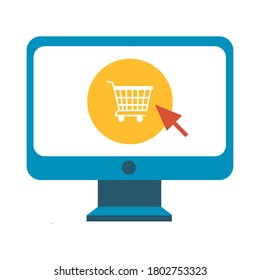 desktop with shopping cart and mouse arrow line and fill style icon vector illustration design