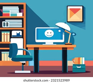 The desktop should feature various cartoon icons and elements, such as a smiling cloud, a playful robot, a stack of colorful books, and a cup of steaming coffee