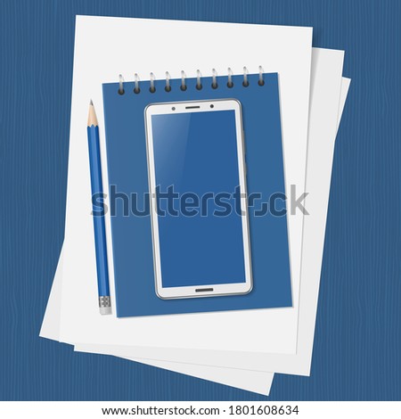 Desktop with smartphone and supplies. Workspace with blank screen phone. Remote work, freelance, online learning, distance education. Top view, flat lay. Vector illustration