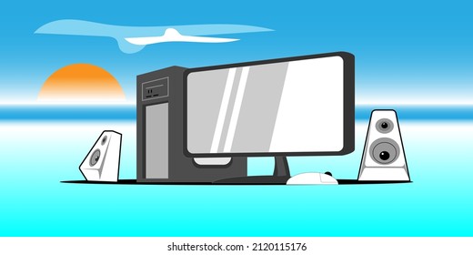 escritorio con altavoces de fondo de sol vectorial plano