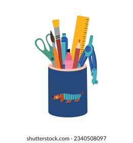 Desktop stand with pencil, pen, scissors, ruler, paintbrushes. Stationery items for school, work, study. Hand drawn vector illustration isolated on white background, modern flat cartoon style.