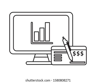 desktop with statistics bars and check bank vector illustration design