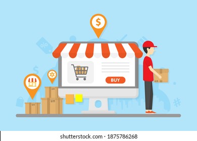 Desktop with stripped open shopping online website. Cloud abstract city scape background with shop icon around. Cargo truck delivery. Logistic business. Transportation concept. Business concept.