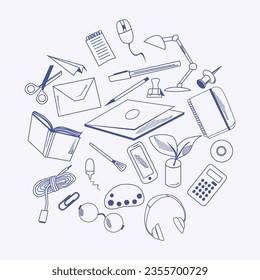 desktop, study items, stationery and appliances