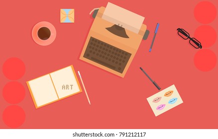 Desktop in the style of pop art. Working space with a typewriter. Red table vector illustration.
