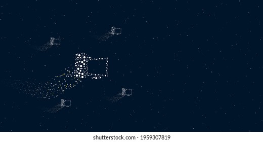 A desktop symbol filled with dots flies through the stars leaving a trail behind. Four small symbols around. Empty space for text on the right. Vector illustration on dark blue background with stars