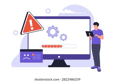 Desktop System Software Update Failed Concept. An IT specialist holding a laptop in shock next to a desktop computer screen displaying a stuck update loading bar and warning sign