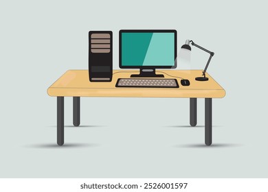 Desktop Table illustration. The illustration provide  a computer full set-up on the table. this piece invites viewers to escape reality and explore their own dreams.  