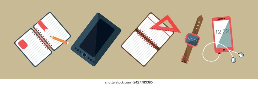 Desktop with Tablet, Notepad, Smartphone and Watch Vector Set