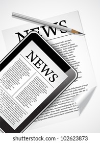 Desktop with Tablet PC and Newspaper which shows fresh business