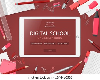Desktop with tablet and school supplies. Online learning website page in tablet screen. Distance e-learning education, digital school. Modern technologies in education. Flat lay. Vector illustration