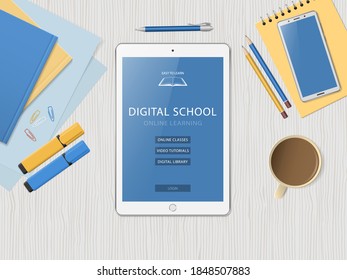 Desktop with tablet and school supplies. Online learning website page in tablet screen. Distance e-learning education, digital school. Modern technologies in education. Flat lay. Vector illustration