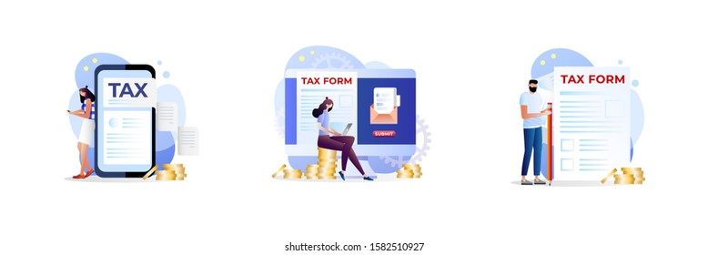 Desktop tax filing software, mobile app tax filing software, filing online service. Declaration programs, easy reporting, tax website. Illustrations isolated on white background with characters